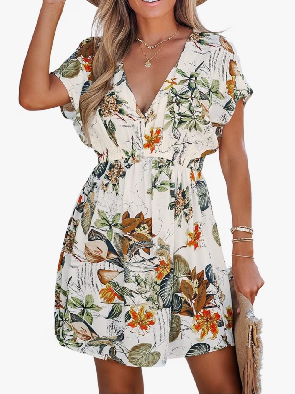 Cupshe - White Floral Elastic Waist V-neck Short Sleeve Pullover Mini Dress